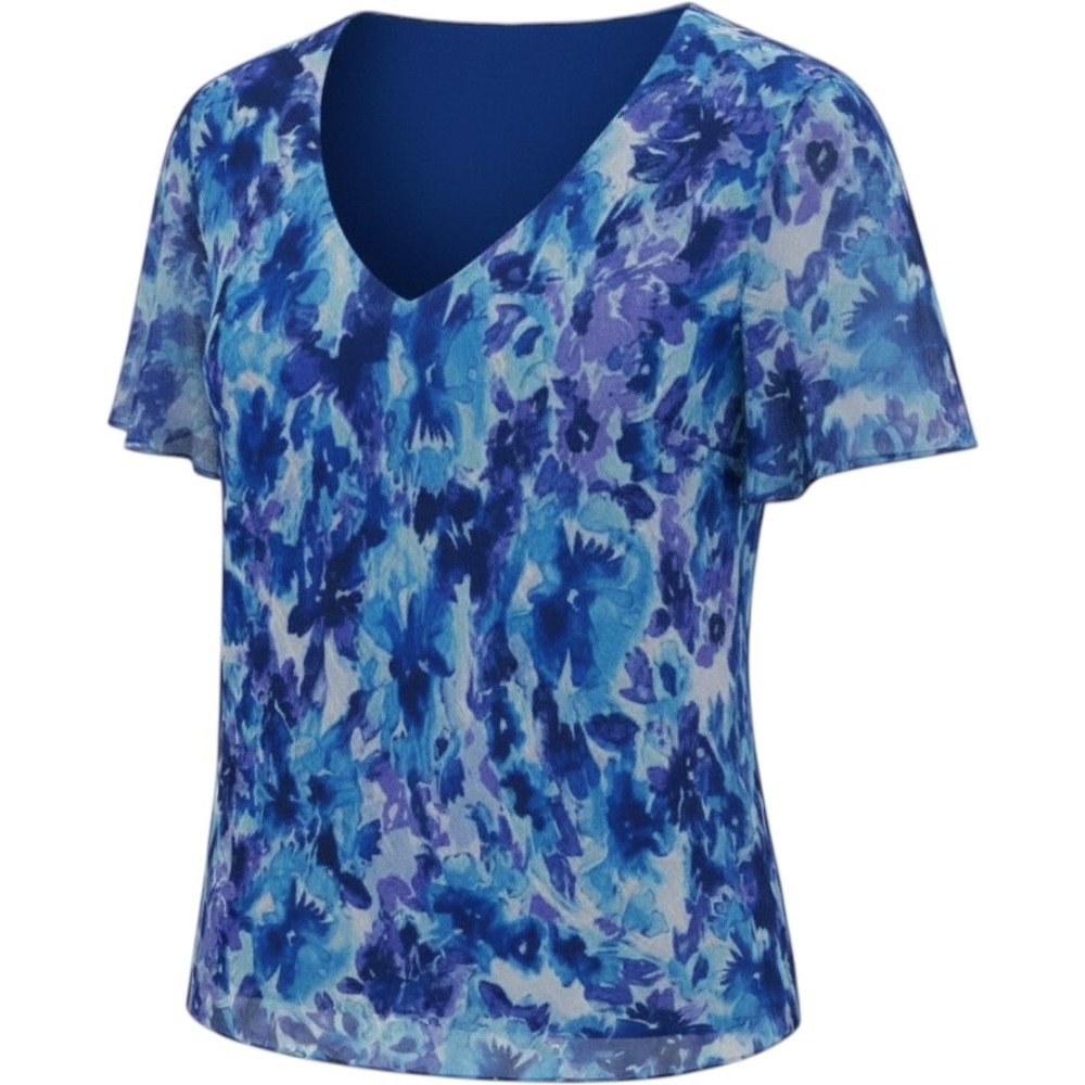 R&M Richards Womens Blue Purple Floral V-Neck Flutter Sleeve Blouse Top Size 18